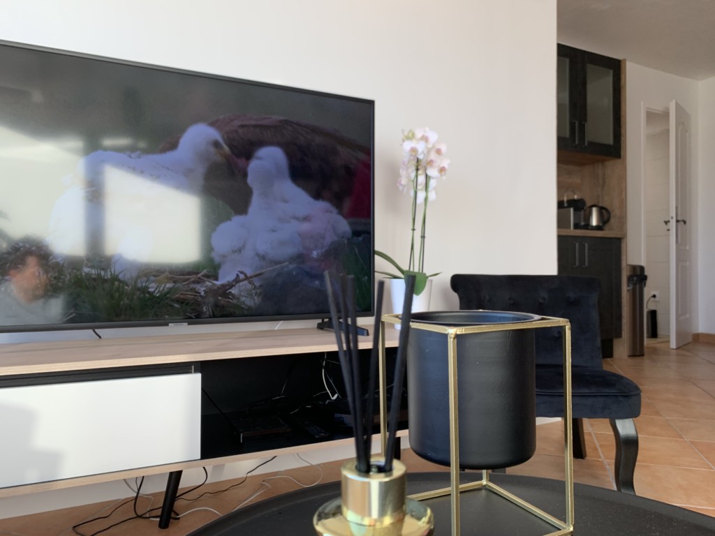 Table basse, télévision et bougie